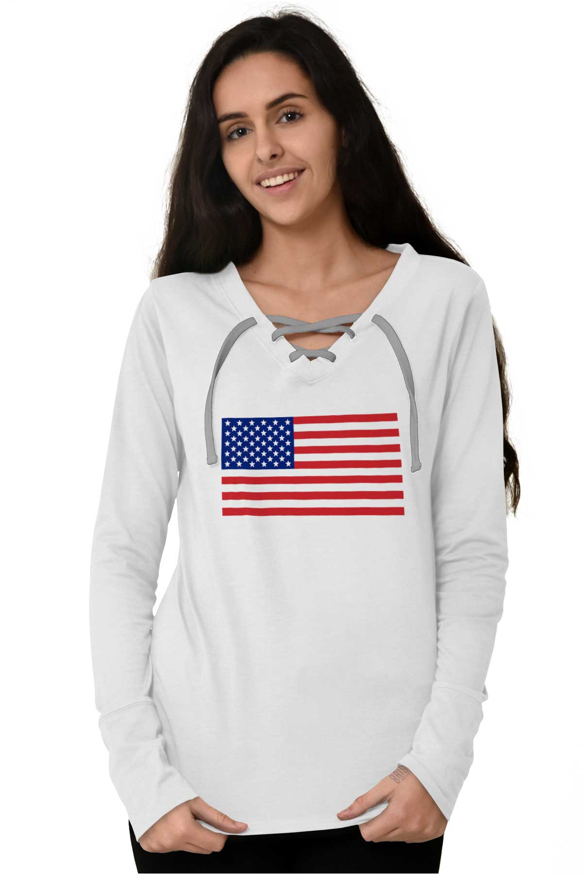 Patriotic American Flag Stars Stripes USA Womens Long Sleeve Laceup T