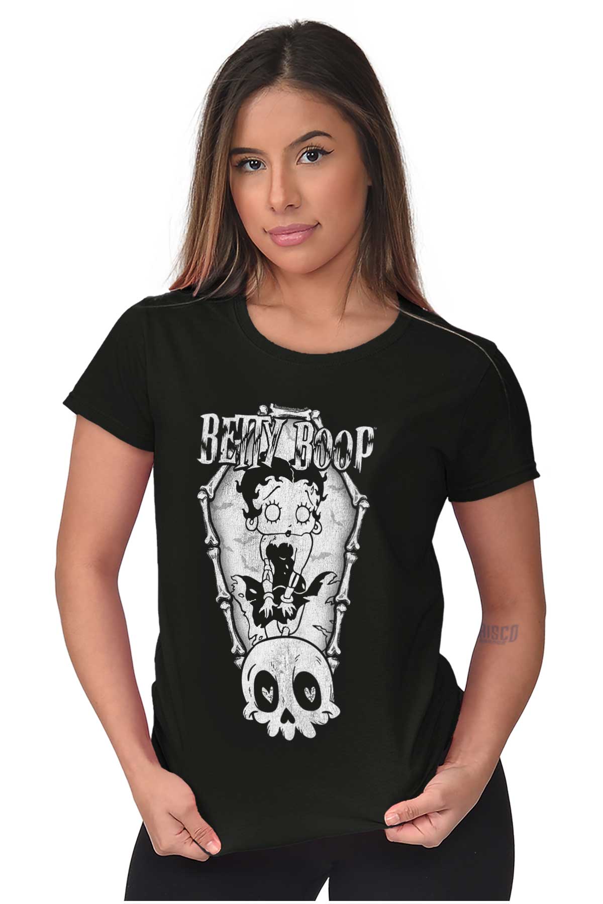 Betty Boop Zombie Halloween Skeleton Coffin Womens Top Junior