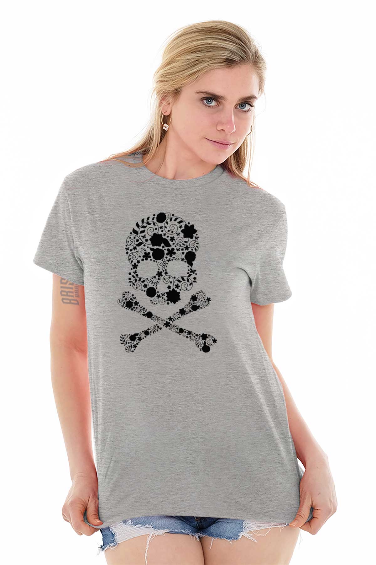 Flowery Skull And Crossbones Floral Rebel Womens Short Sleeve Crew T ...