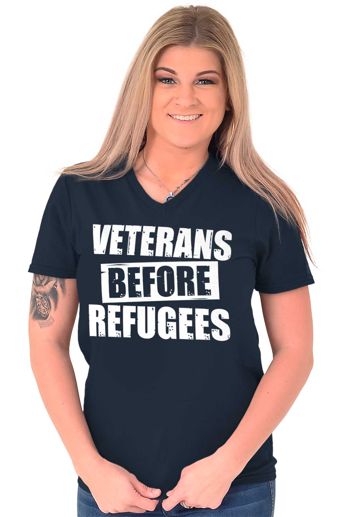 Military Veterans Before Refugees Political V-Neck T 