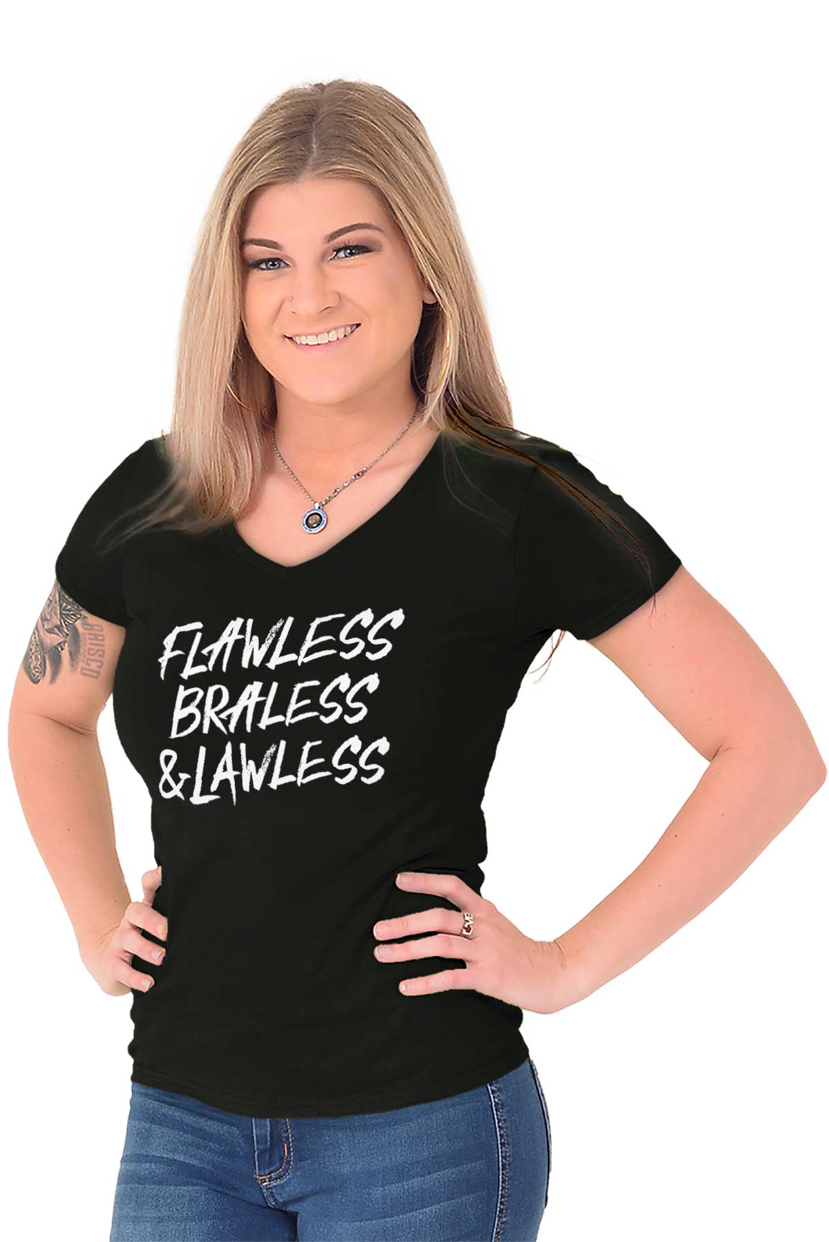 Flawless Braless Girl Power Feminist Rally Womens Fitted V Neck Graphic ...