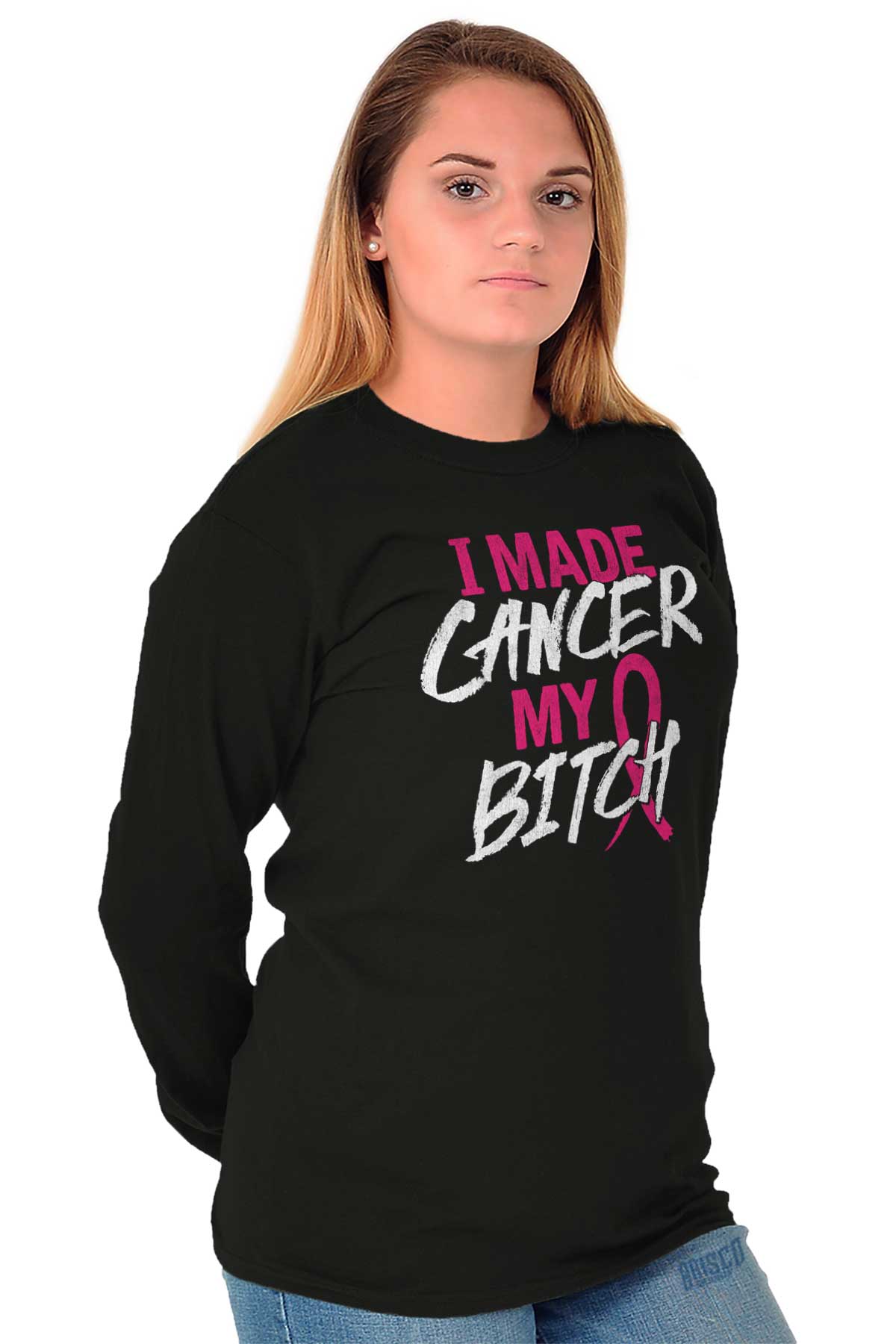 Made Breast Cancer My Bitch Funny Survivor BCA Pink Ribbon Long Sleeve ...