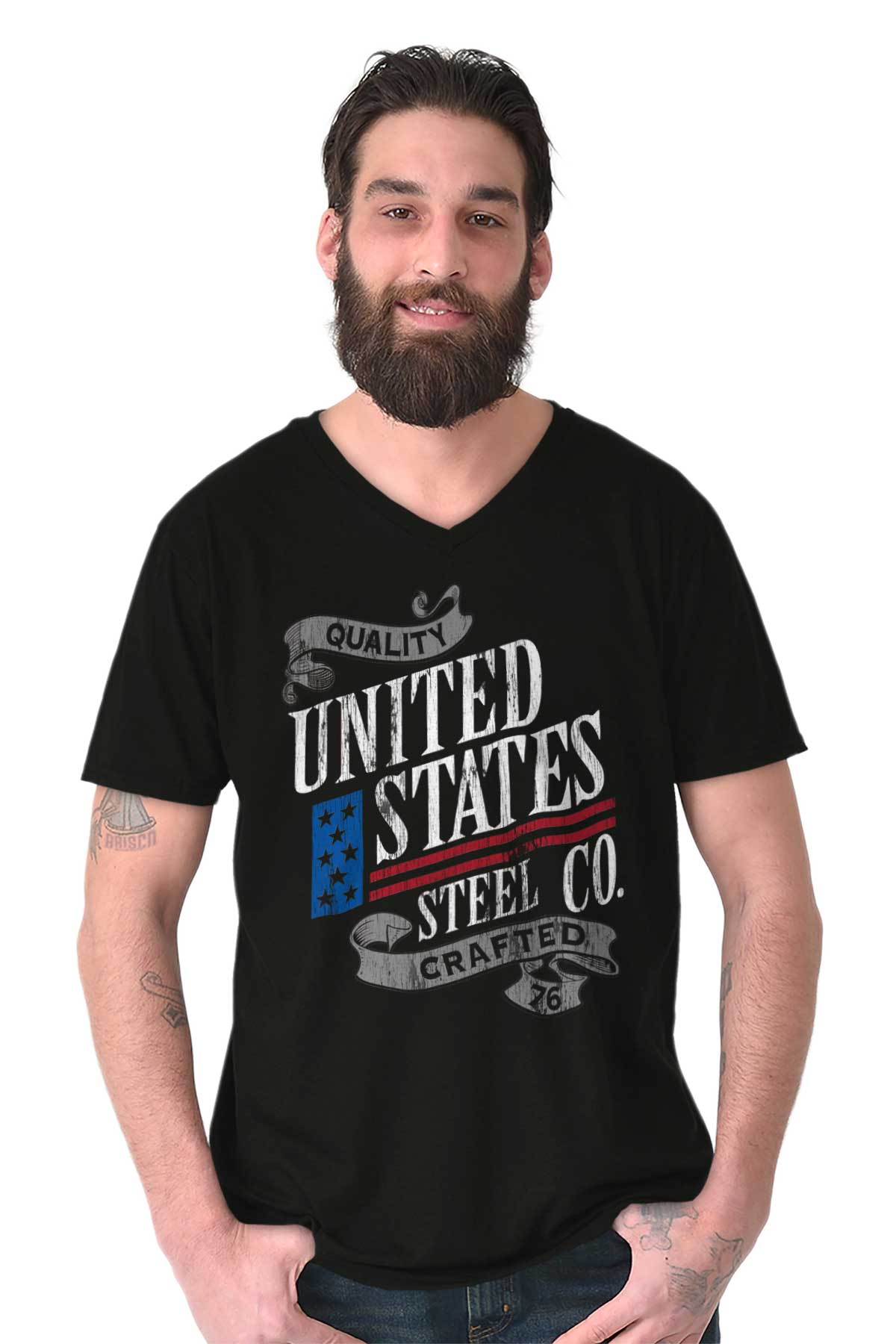 United States Steel Company Crafted USA Pride Mens V Neck Short Sleeve