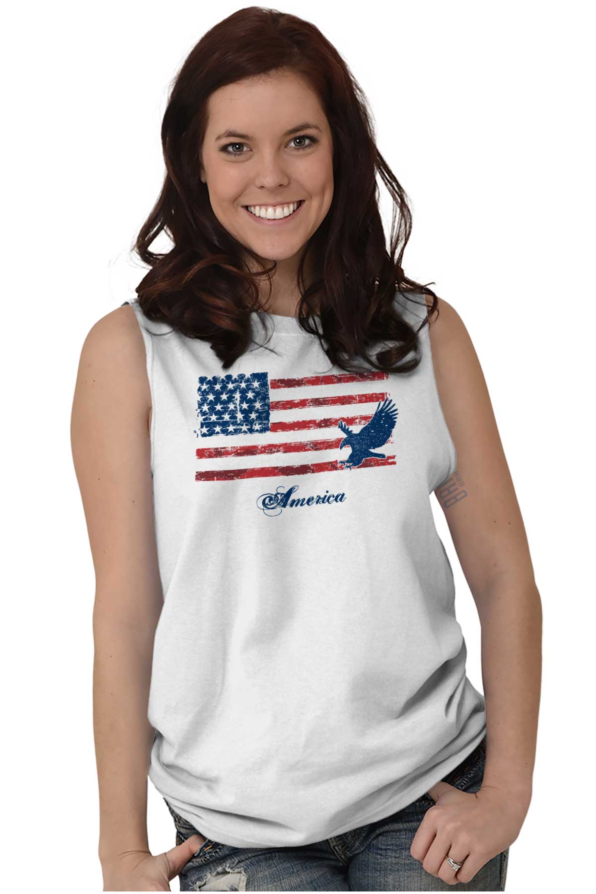 American Flag Bald Eagle Patriotic USA Gift Adult Sleeveless Crewneck T ...