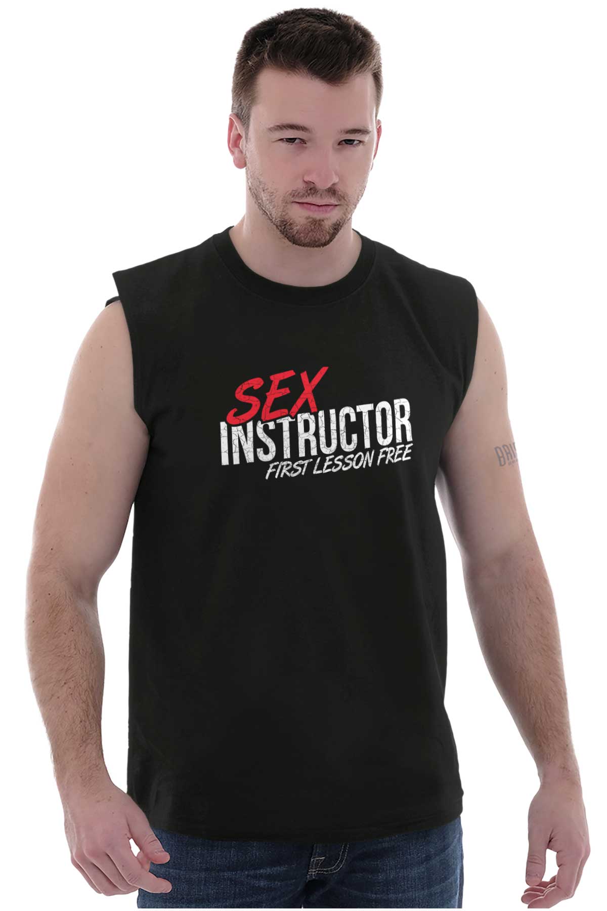 Sex Instructor Free Lessons Funny Pun Humor Mens Sleeveless Crewneck T