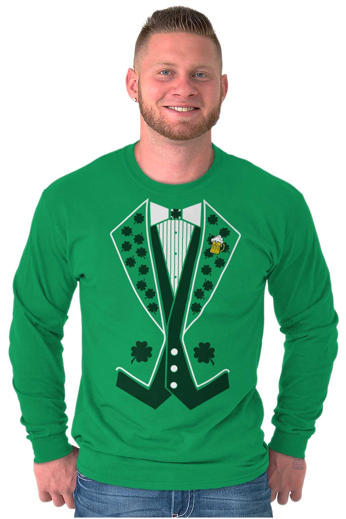 Mens Irish St Patricks Day Leprechaun Tuxedo Long Sleeve T-Shirts Tees ...