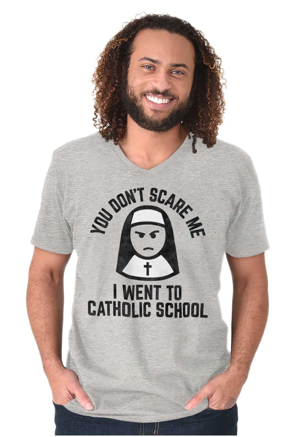 Went To Catholic School Funny Nun Religious Adult V Neck Short Sleeve T ...