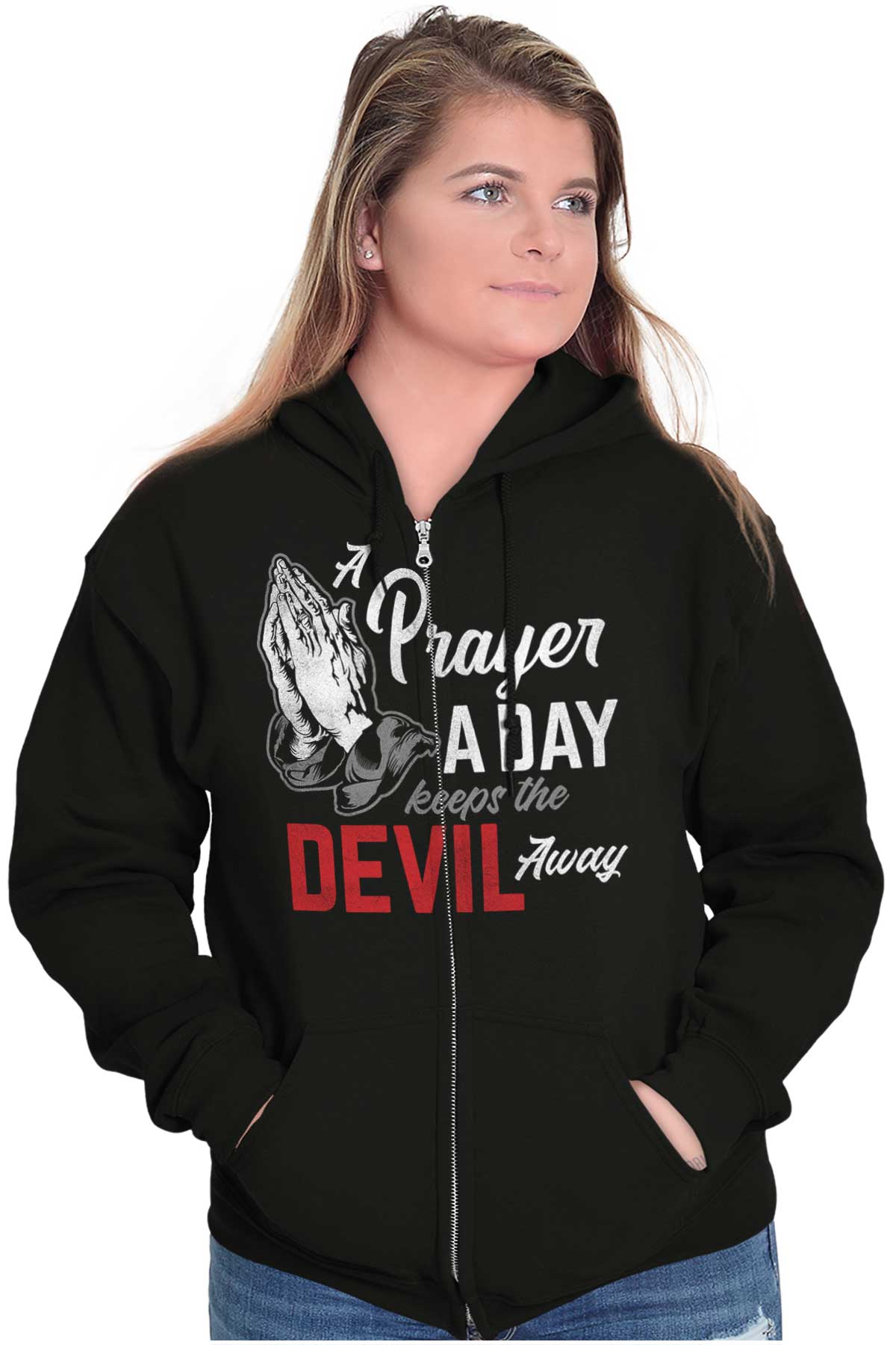Prayer Keep Devil Away Religious Christian Adult Zip Hoodie Jacket