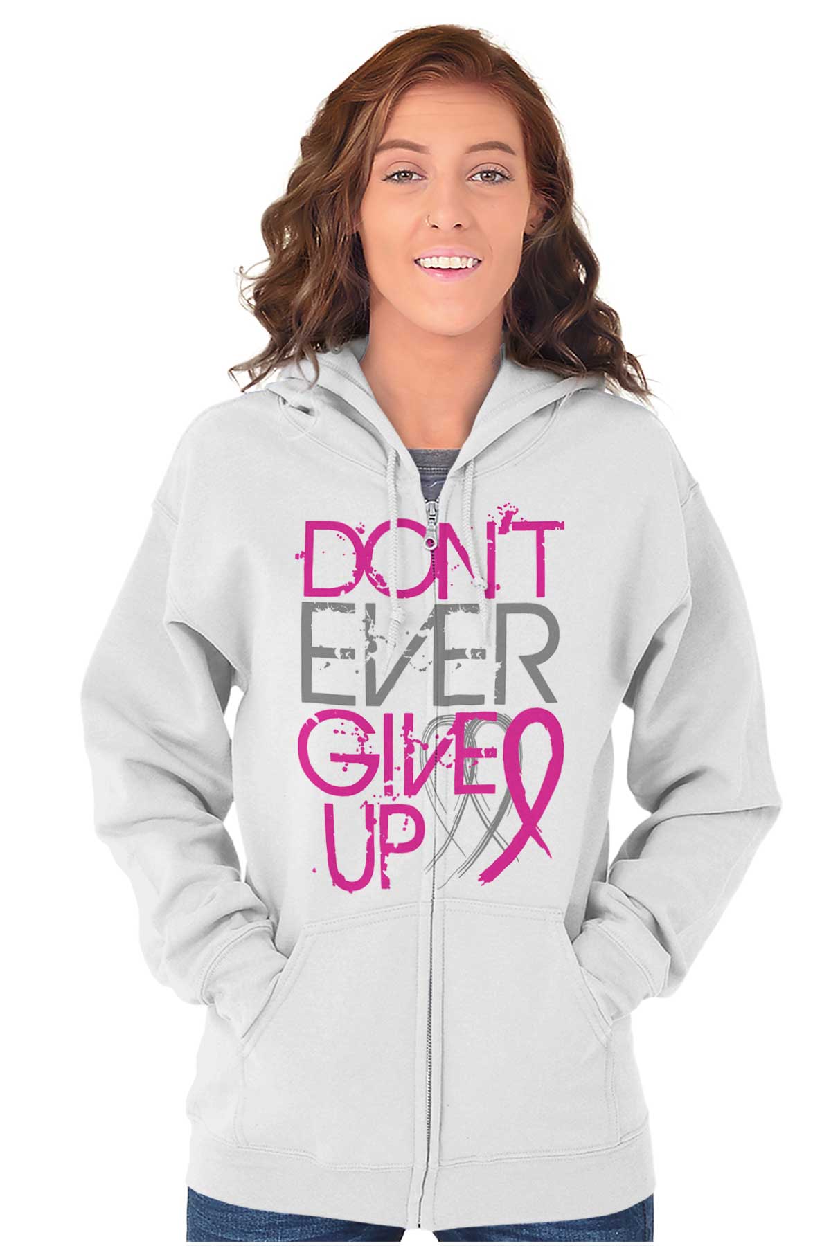 Christian Strong Women's Pink White Ribbon Crewneck Sweatshirt Fight Cancer Faith, Black / 4X Large