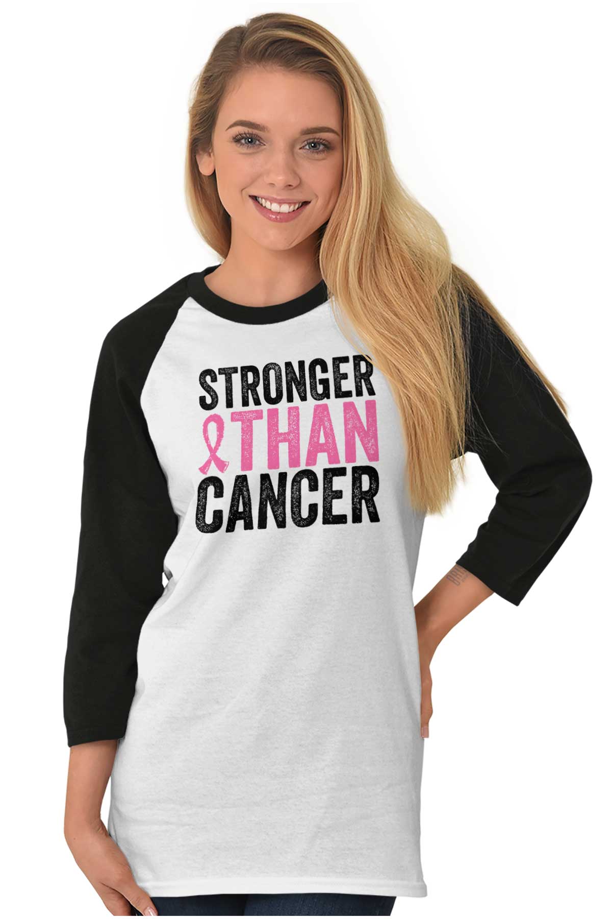 Stronger Than Cancer Breast Disease Awareness Womens 34 Sleeved Raglan Tshirt Ebay 